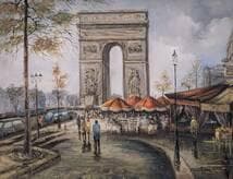 【真作】絵画　中村勝　油彩6号　凱旋門とパリの市場風景　ヨーロッパ風景　Y13