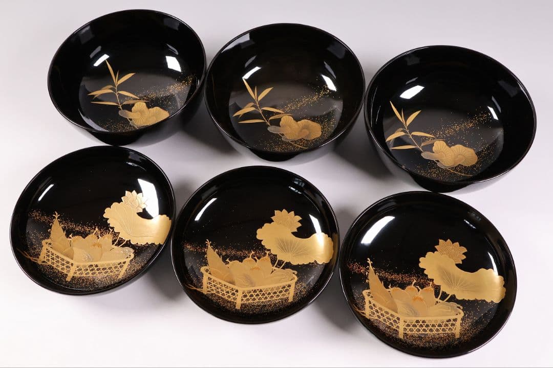【CM412】天然木漆塗 加賀蒔絵 蓮と野菜金蒔絵 黒煮物椀 三客 漆器 昭和期