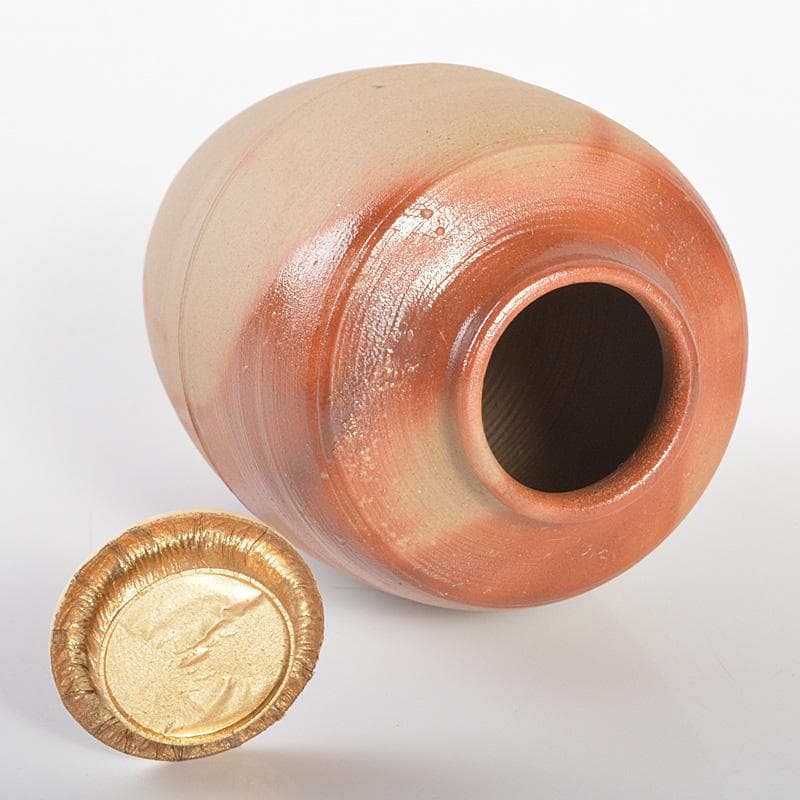 備前焼　木村陶峰作　火欅　肩衝茶入　仕覆付　共箱　V　R6896