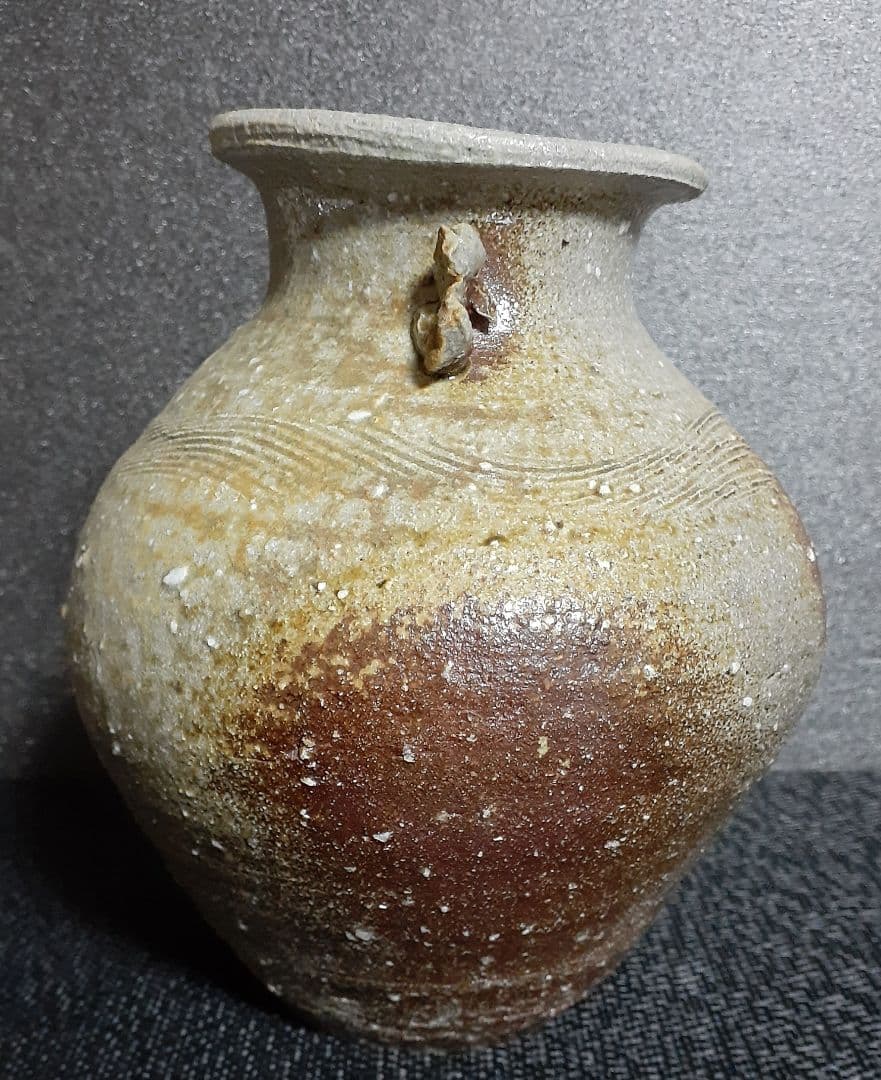 常滑焼　【竹内嘉彦】造　南蛮手　櫛目　双耳壺　共箱　共布　陶歴付　茶道具　茶器