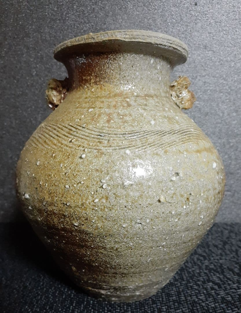 常滑焼　【竹内嘉彦】造　南蛮手　櫛目　双耳壺　共箱　共布　陶歴付　茶道具　茶器