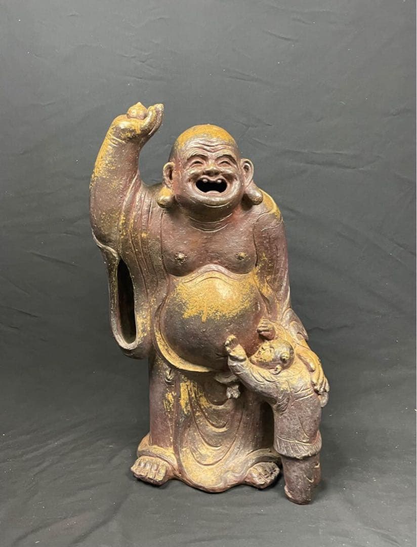 木村陶峰 備前焼 特大 布袋様 置物 オブジェ インテリア 時代物 縁起物 陶器