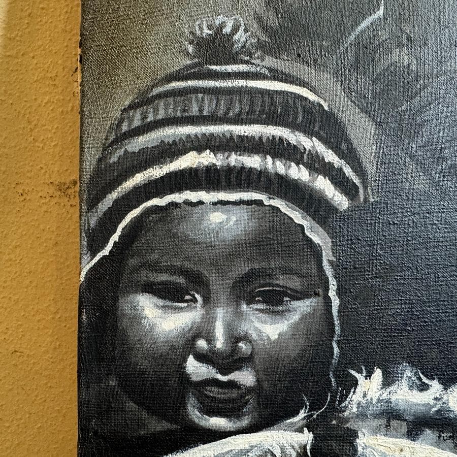 モノクロ肉筆画 母子と農具の肖像画 力強い表情 M20号額縦86cm横64cm