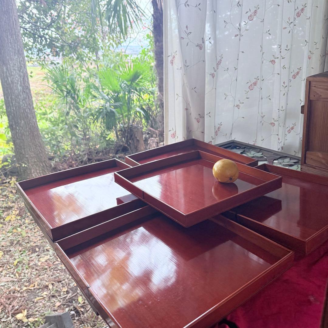 迎春感謝‼️キャラメル色‼️JAPAN 飛騨春慶塗飴色「胴張り御膳」5客木箱入