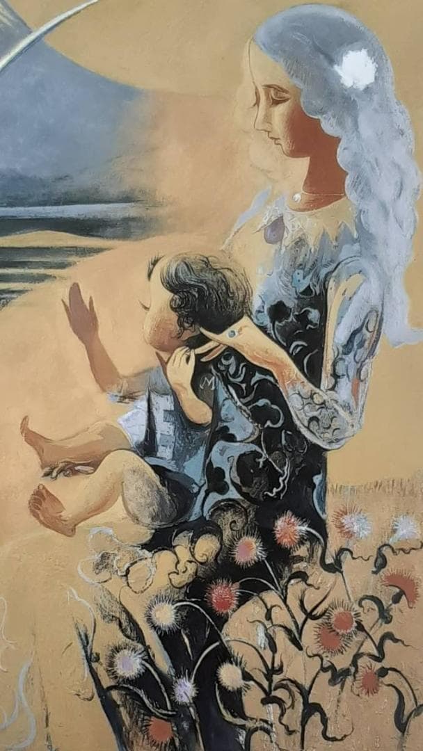 阿部盛有、「或る日の母子 Cardo(フジアザミ)」、希少画集の額装画、四季