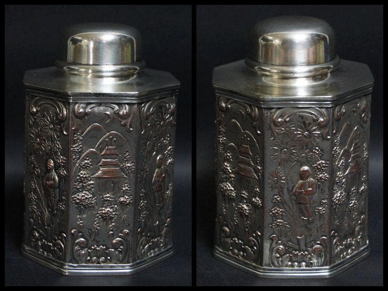 ヴィンテージ 銅地銀メッキ 面取茶入 打出細工『風景楼閣人物図』ホールマーク付き