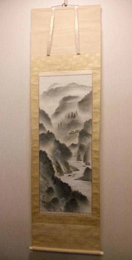 掛け軸 雅堂 彩色山水 中島清堂 識箱 絹本 希少 軸装 茶道具 掛軸 美品