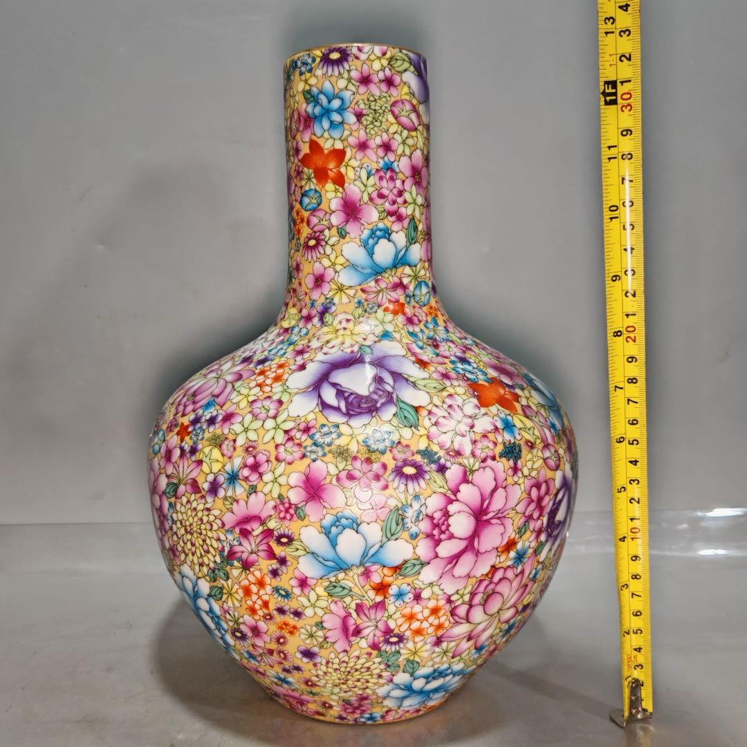 旧家蔵出　清国時代　大型　雍正｜粉彩｜胭脂紅｜万花｜天球瓶 逸品　置物