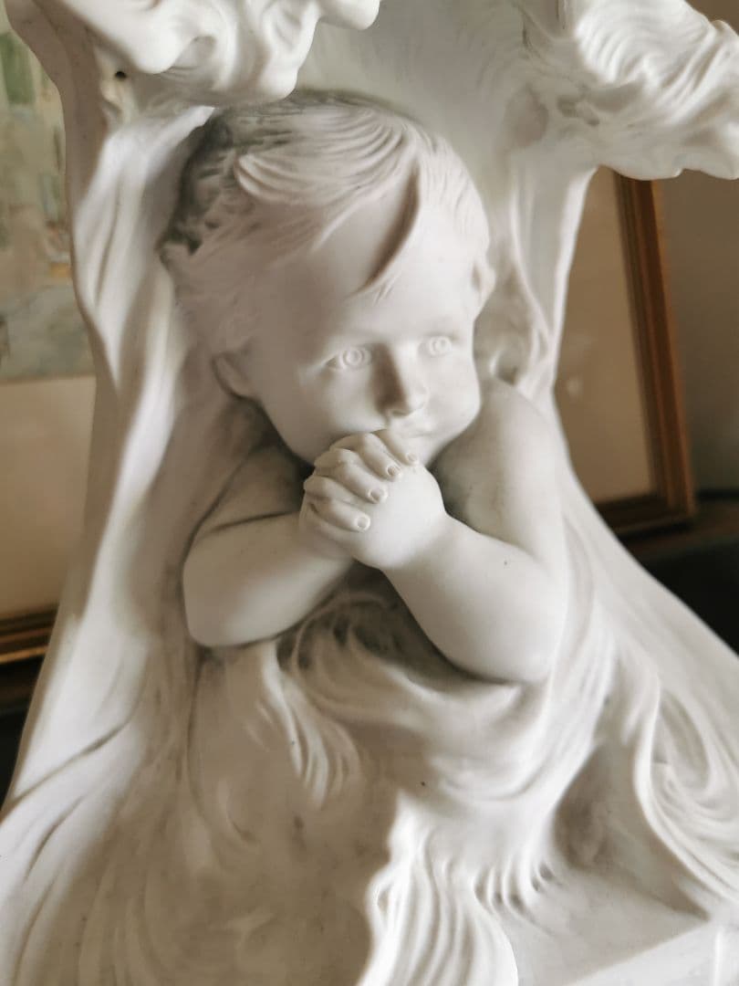 アンティークフランス 大型素焼きビスク彫像塑像 少年の祈り 作家物サイン刻印