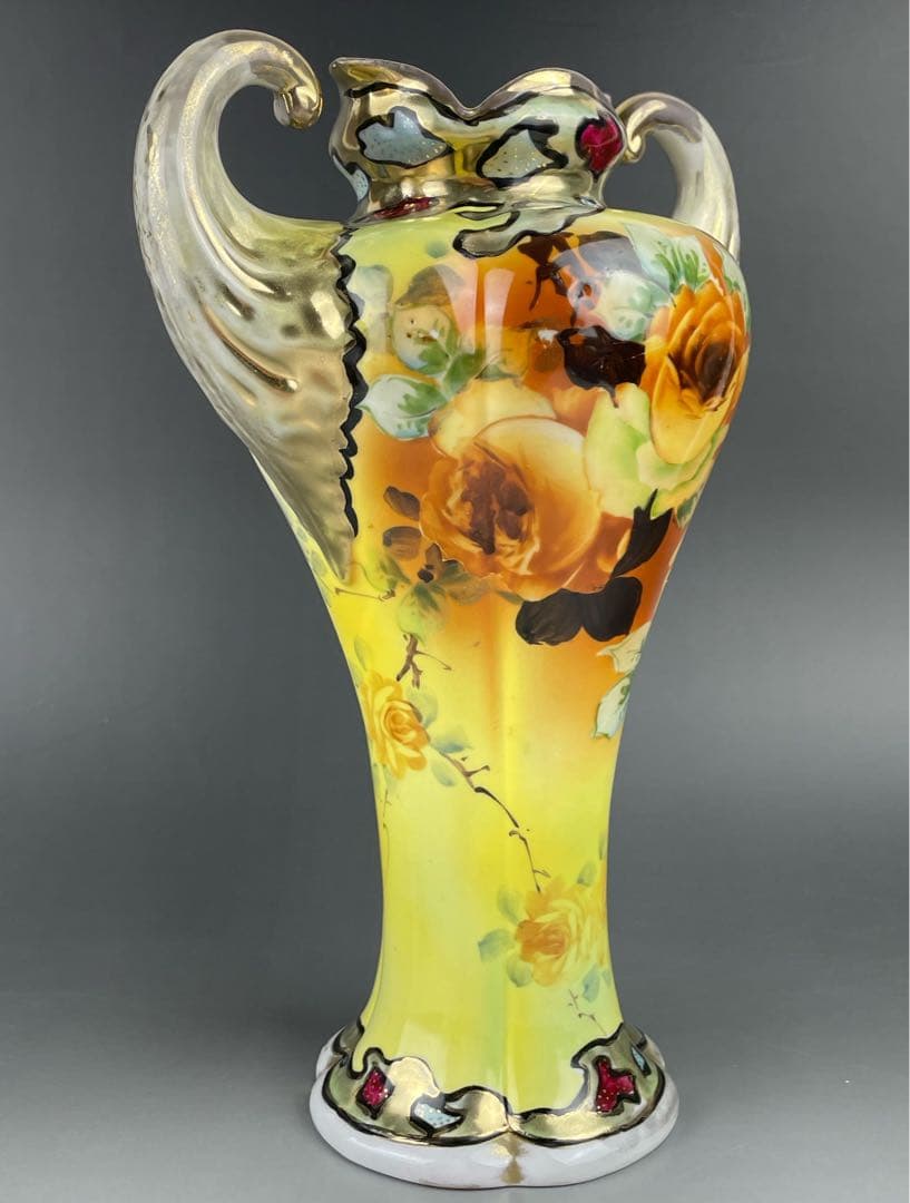 【大型】オールドノリタケ ２８．７cm 薔薇紋花瓶 金彩 金盛り マッスル