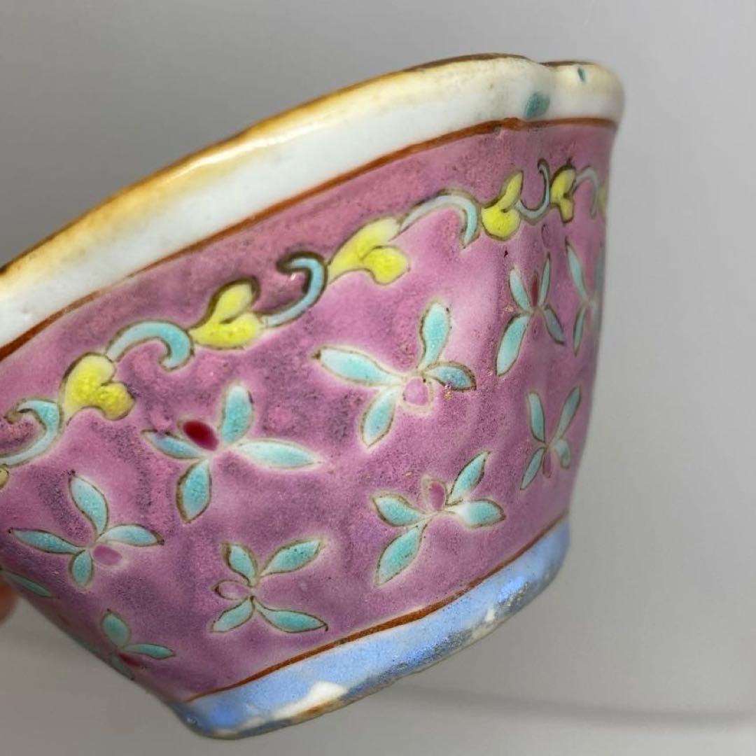 中国古玩　同治年粉彩輪花小鉢　2客　タエチ　東さ8-0107☆2F