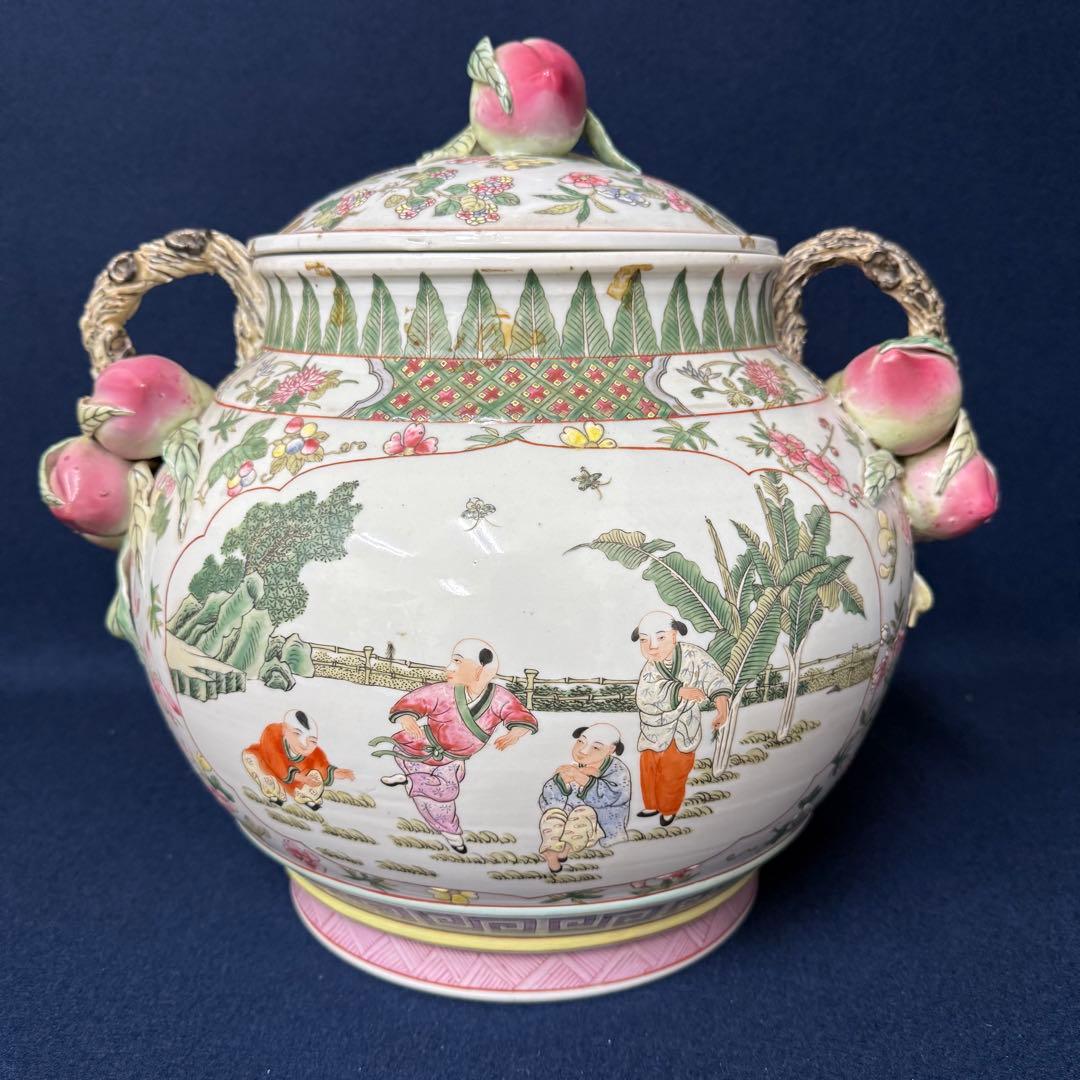 大清乾隆年製 大振り 蓋物 粉彩 桃 唐子 中国 唐物 時代 古玩 蔵出 骨董品