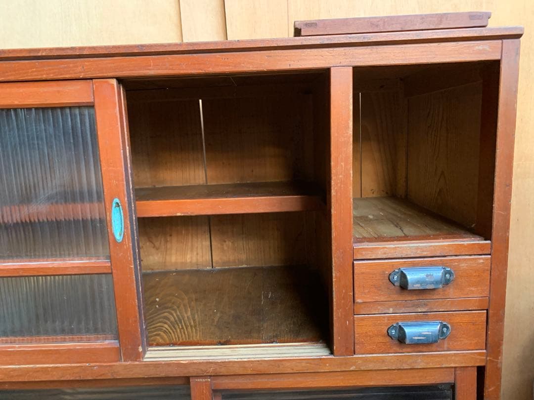 古い木全面モールガラス　収納陳列棚引き出し4杯　レトロ昭和ガラス古家具
