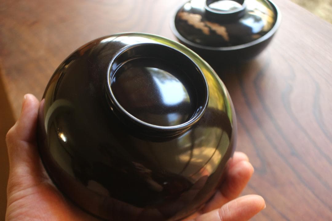 時代逸品！時代黒漆に優美な鶴遠山蒔絵の映える煮物椀2点（検蒔絵椀加賀蒔絵雑煮椀