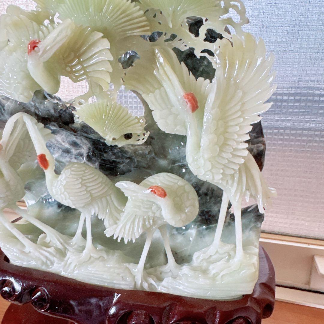 天然石★アフガニスタン玉石★鶴の彫刻★置物★美術品★台座付き