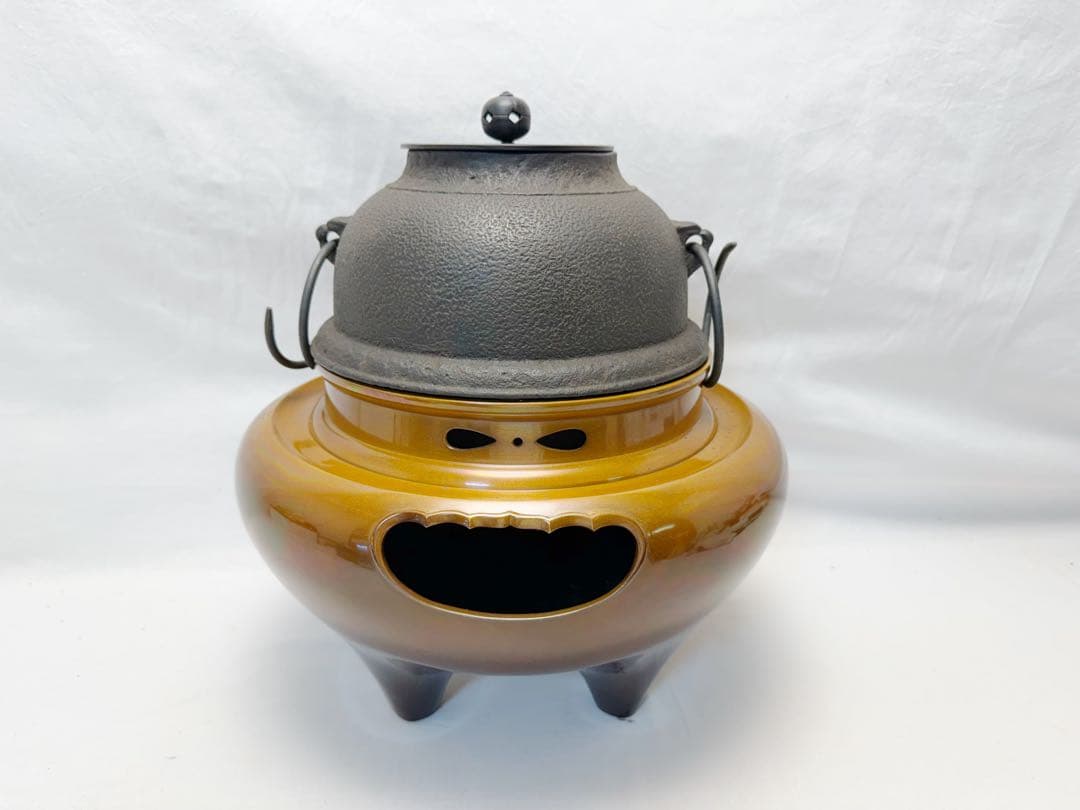 ほぼ未使用 茶道具 唐銅朝鮮風炉釜 野々田電熱器 釜鐶付 茶道 元箱