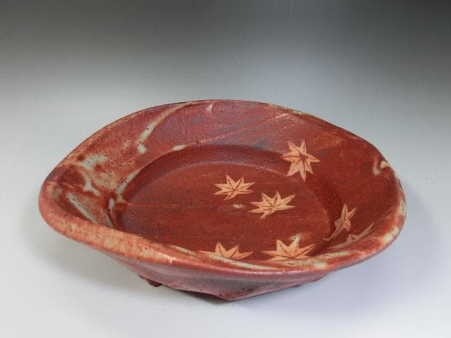 鉢■加藤正治作 赤志野 紅葉紋鉢 共箱 共布 美濃 三つ足 作家物 大鉢 平鉢■