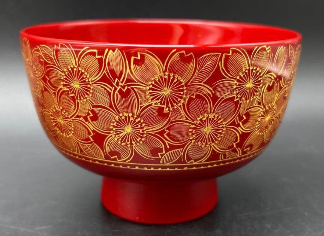 【希少品】沈金　川連漆器　お椀　大関 廣　雅号・廣道　桜　松　赤　黒　名入り