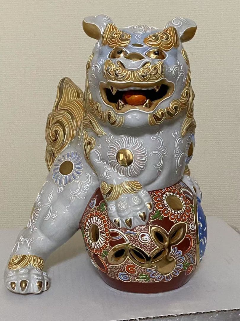 九谷焼 玉獅子 狛犬陶器 玉乗り獅子 縁起物 魔除け 置物 時代物