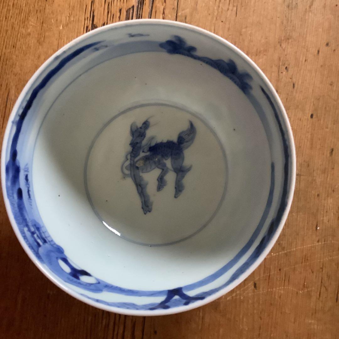 古伊万里☆蓋物大ぶり茶碗☆線描き☆麒麟の図☆江戸後期