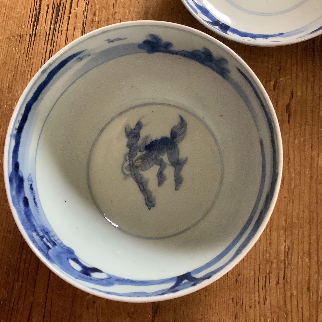 古伊万里☆蓋物大ぶり茶碗☆線描き☆麒麟の図☆江戸後期