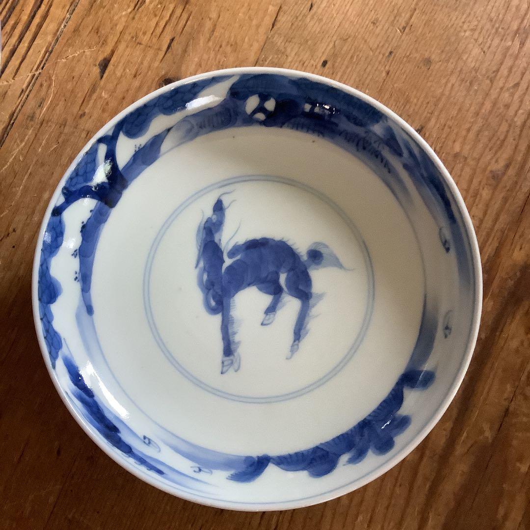 古伊万里☆蓋物大ぶり茶碗☆線描き☆麒麟の図☆江戸後期