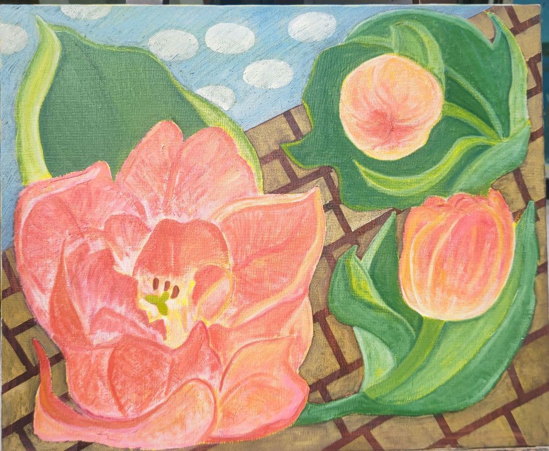 現代美術、小倉紀美子、おしゃれなパパラチアカラーの静物、12号油彩