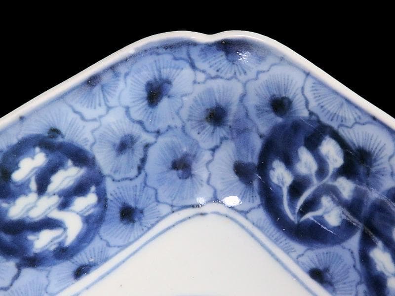 古伊万里　染付　撫子繋ぎ　丸紋に松と鶴の図 四方皿　５客　A055AS-CXs