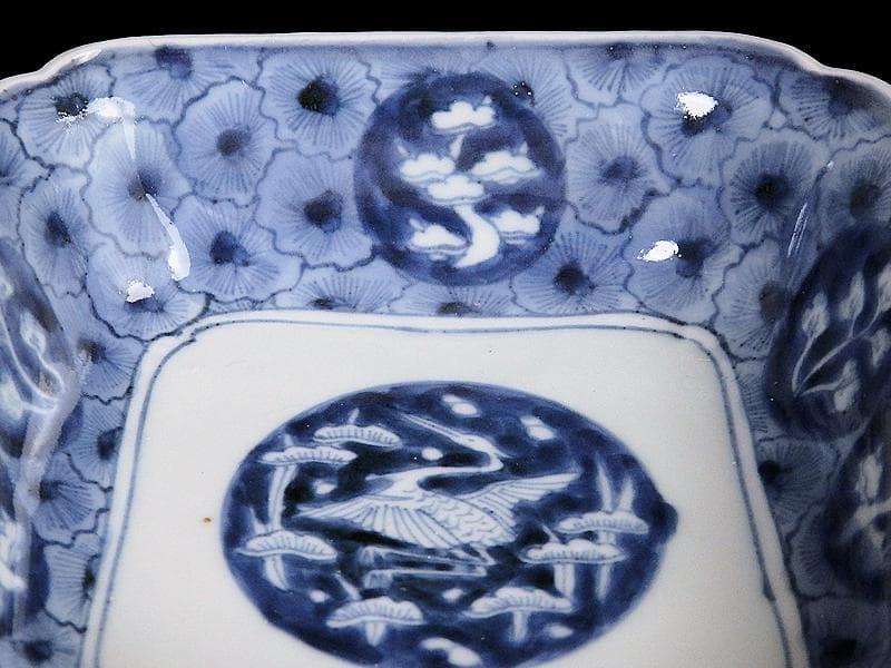 古伊万里　染付　撫子繋ぎ　丸紋に松と鶴の図 四方皿　５客　A055AS-CXs