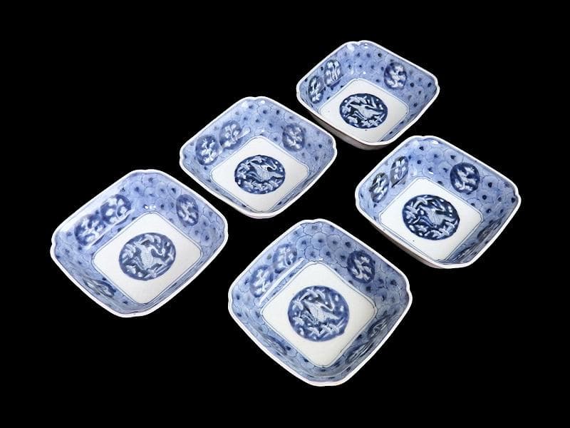 古伊万里　染付　撫子繋ぎ　丸紋に松と鶴の図 四方皿　５客　A055AS-CXs