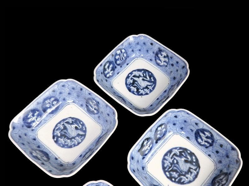 古伊万里　染付　撫子繋ぎ　丸紋に松と鶴の図 四方皿　５客　A055AS-CXs