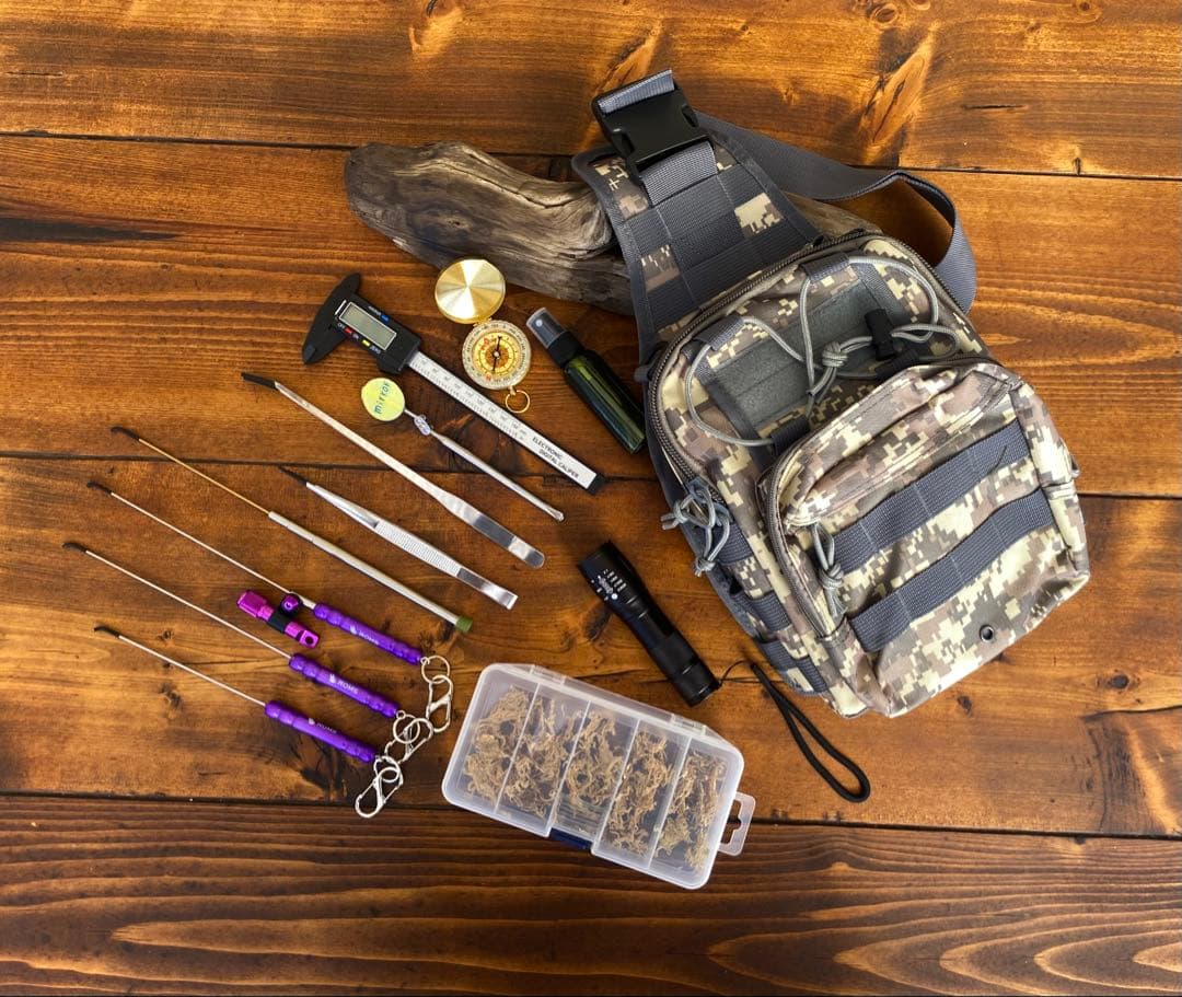 クワガタ採集セット　パープル　オリジナル掻き出し棒　デジタルノギス　採集ケース