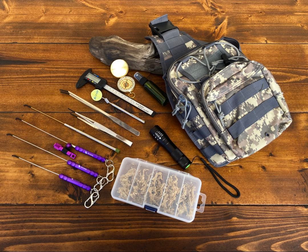 クワガタ採集セット　パープル　オリジナル掻き出し棒　デジタルノギス　採集ケース