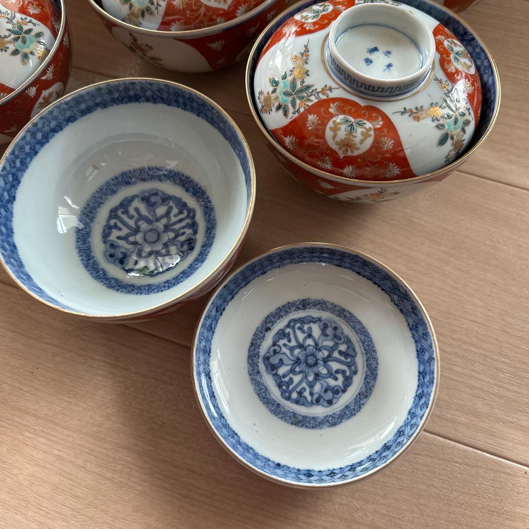 古伊万里　赤絵椀　太明年製　懐石　金彩　７客　蓋付