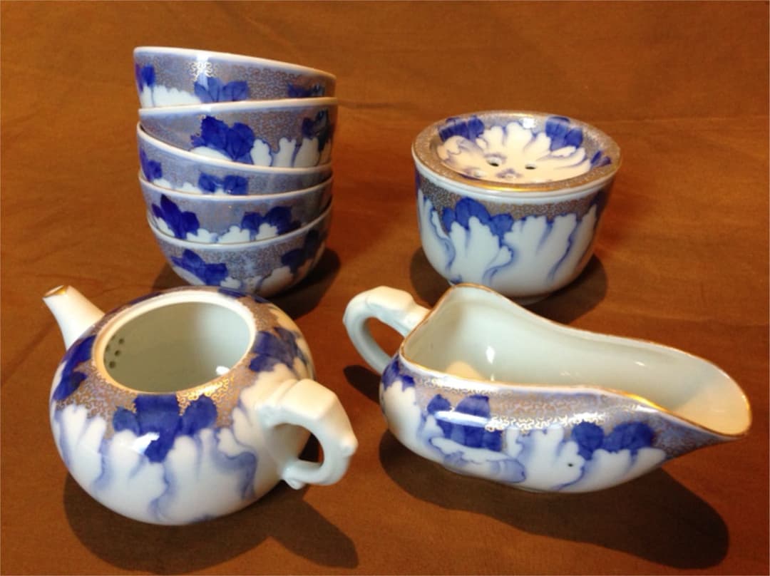 希少年代物 レトロ 昭和初期 オールド深川製磁？有田焼 牡丹 金彩 茶器 煎茶揃
