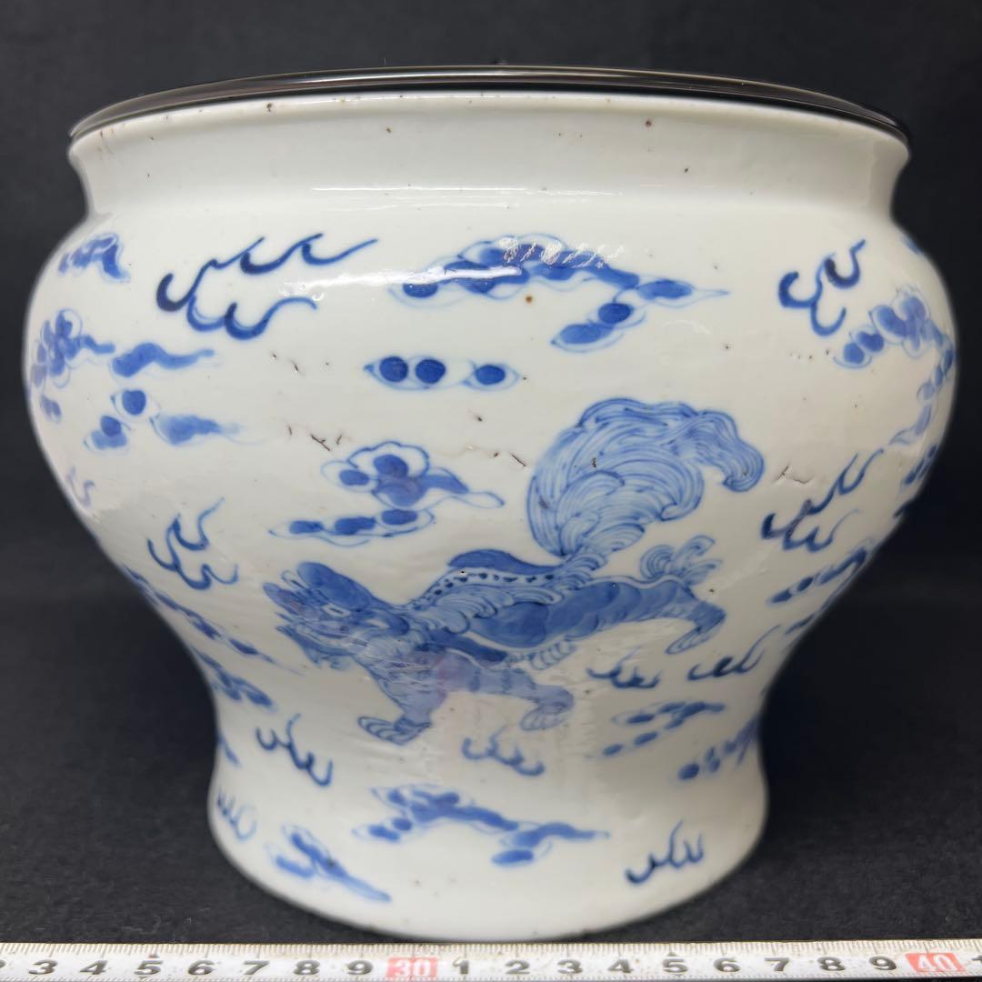 中国清時代　新渡青花雲龍図　水指　木箱付直径20㎝　トサエ東な7-1011☆2F