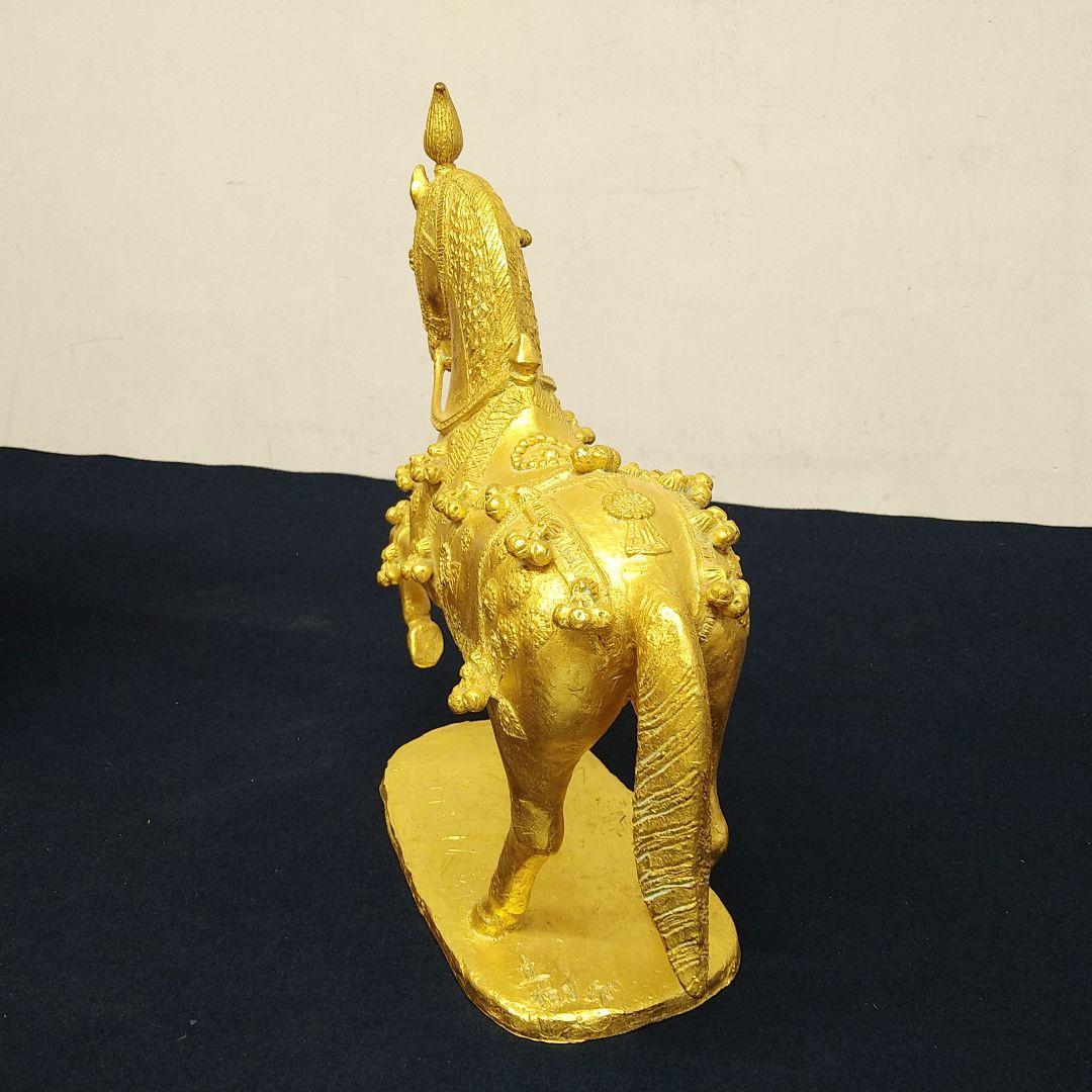AE54 彫刻家 冨永直樹【富貴】鋳銅製 本金箔張り 馬 置物 共箱 略歴書付