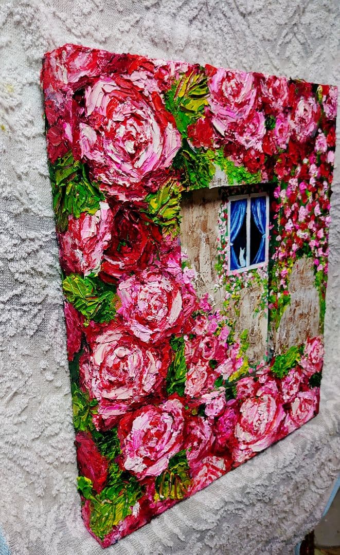 油絵 絵画【猫とピンク薔薇】