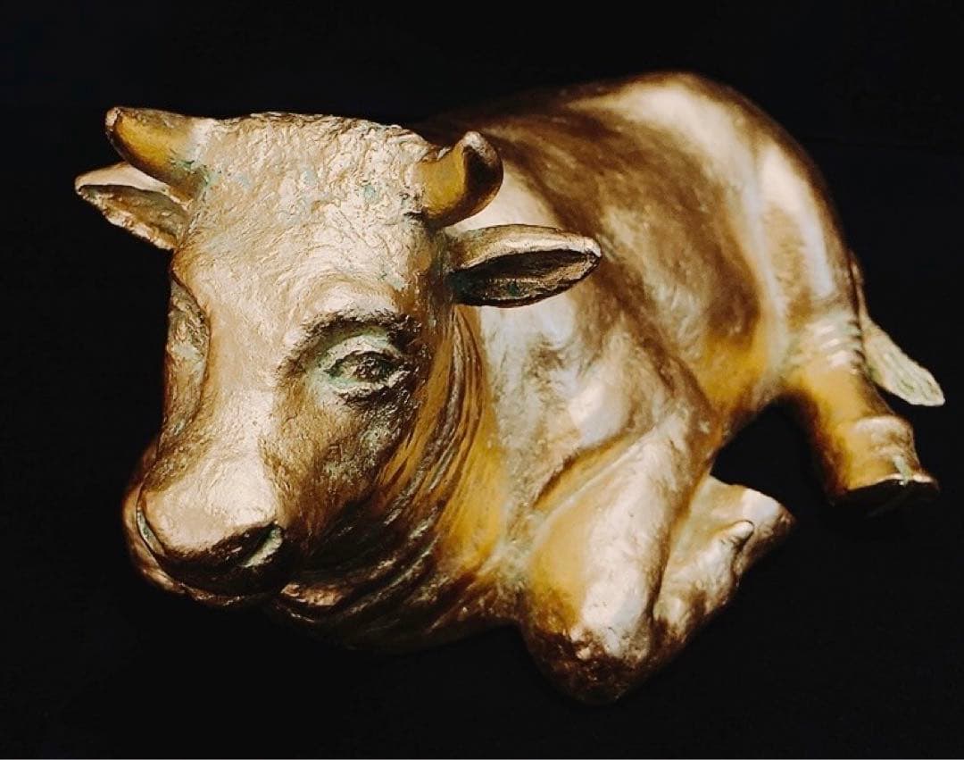 【希少】彫刻家 富永直樹 「福牛」文化勲章受章 ブロンズ像 本金箔仕上 共箱付き