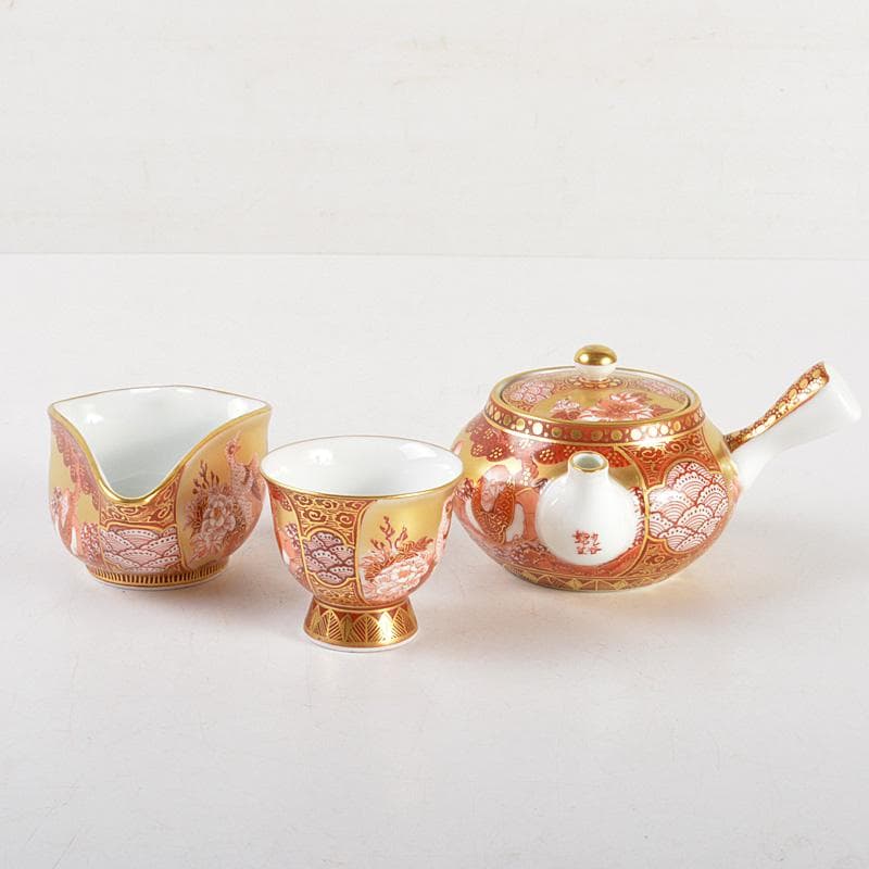 九谷焼　錦生窯　本多順一作　小茶器揃　急須　煎茶碗五客　湯冷　共箱　GR7272