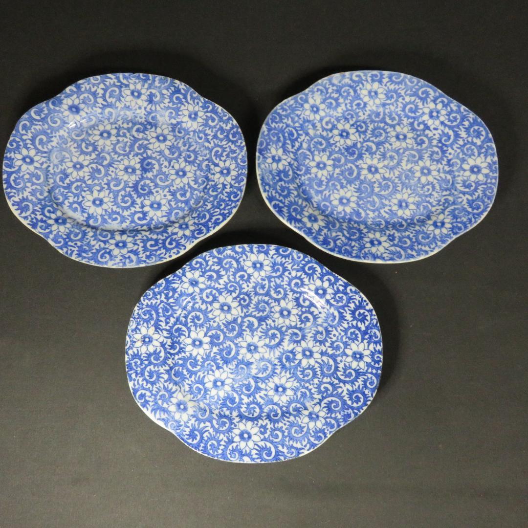 長丸皿 3枚 歪み 変形皿 花唐草 印判 染付 明治 大正