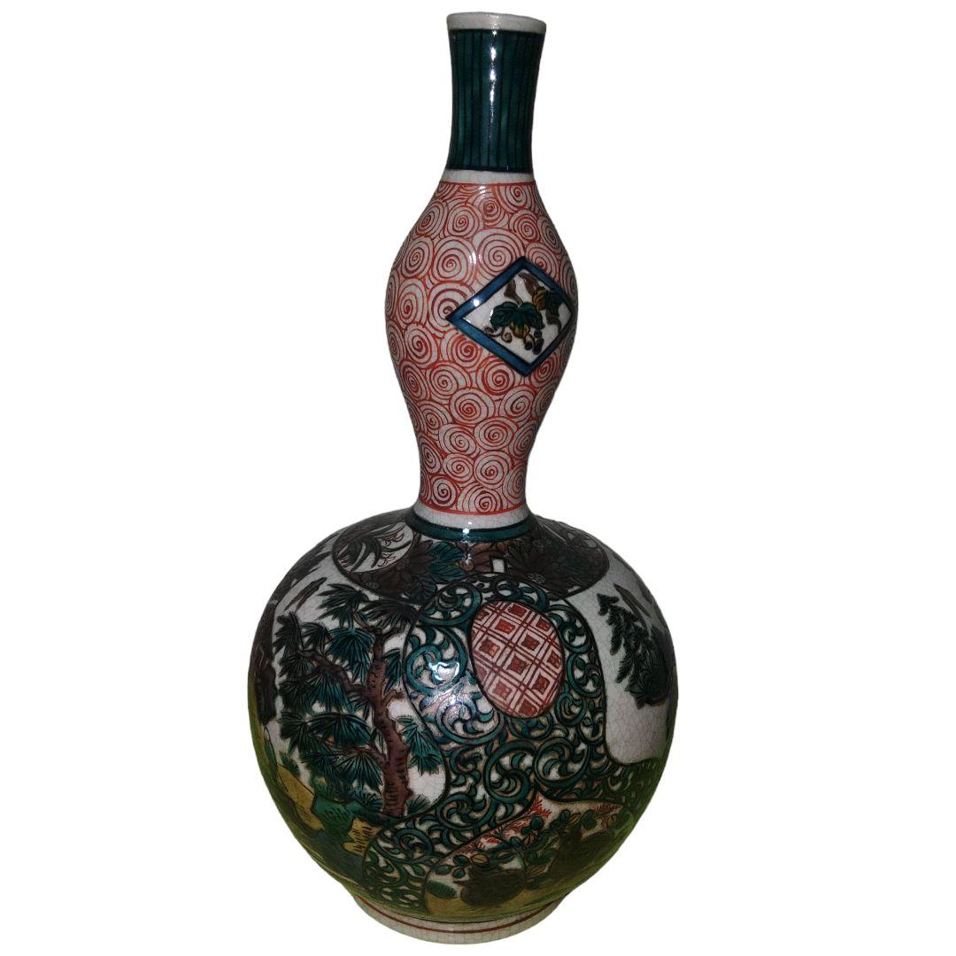 青手九谷焼　山水楼閣文瓢箪徳利　一輪差し　高さ28.5cm位