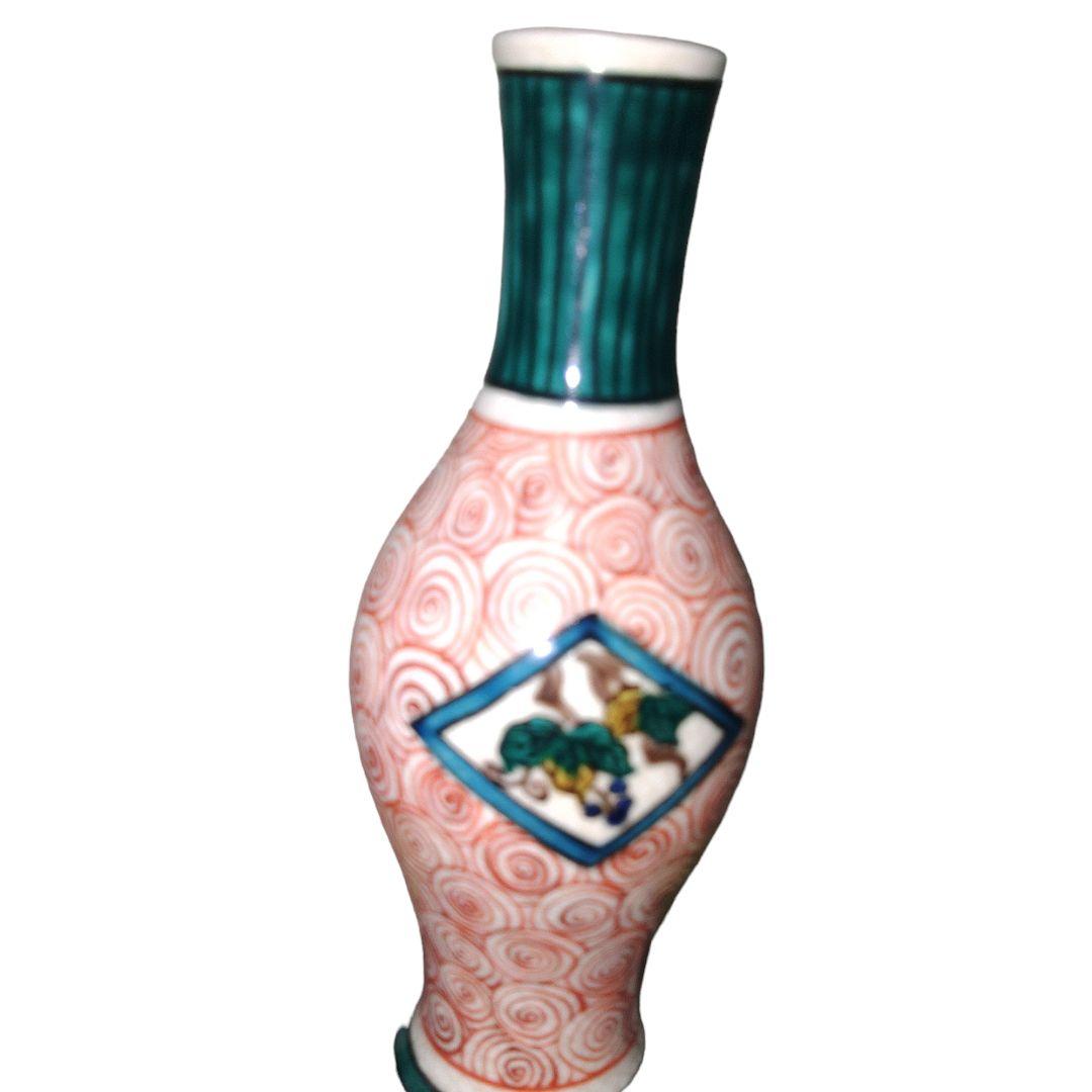 青手九谷焼　山水楼閣文瓢箪徳利　一輪差し　高さ28.5cm位