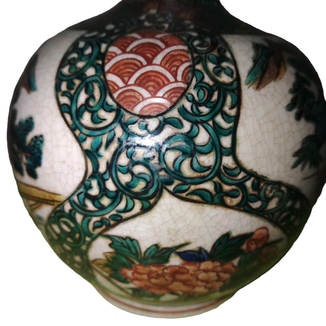 青手九谷焼　山水楼閣文瓢箪徳利　一輪差し　高さ28.5cm位