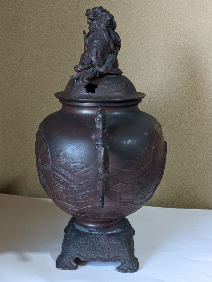 ♦高岡銅器 啓祐作 獅子飾り 鳳凰文 龍双耳 大香炉 唐銅 置物飾り 骨董品