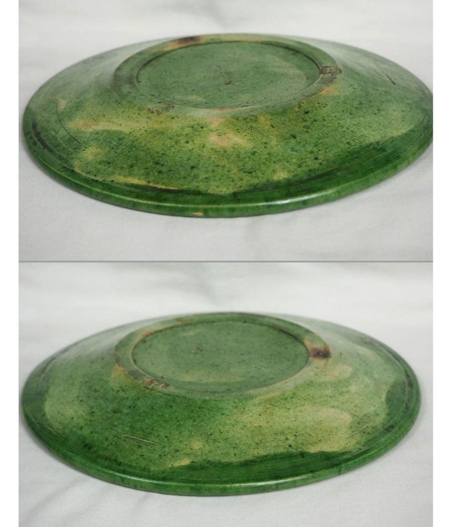 送料無料　江戸時代 源内焼　緑釉葵紋皿　径21cm