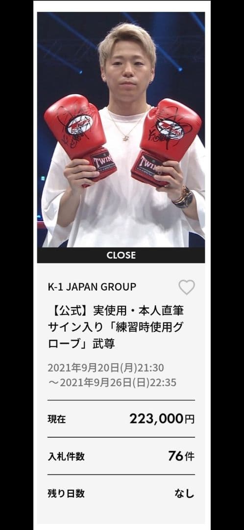 武尊 実使用 直筆サイン入　 グローブ 　証明書付き K-1 ONE