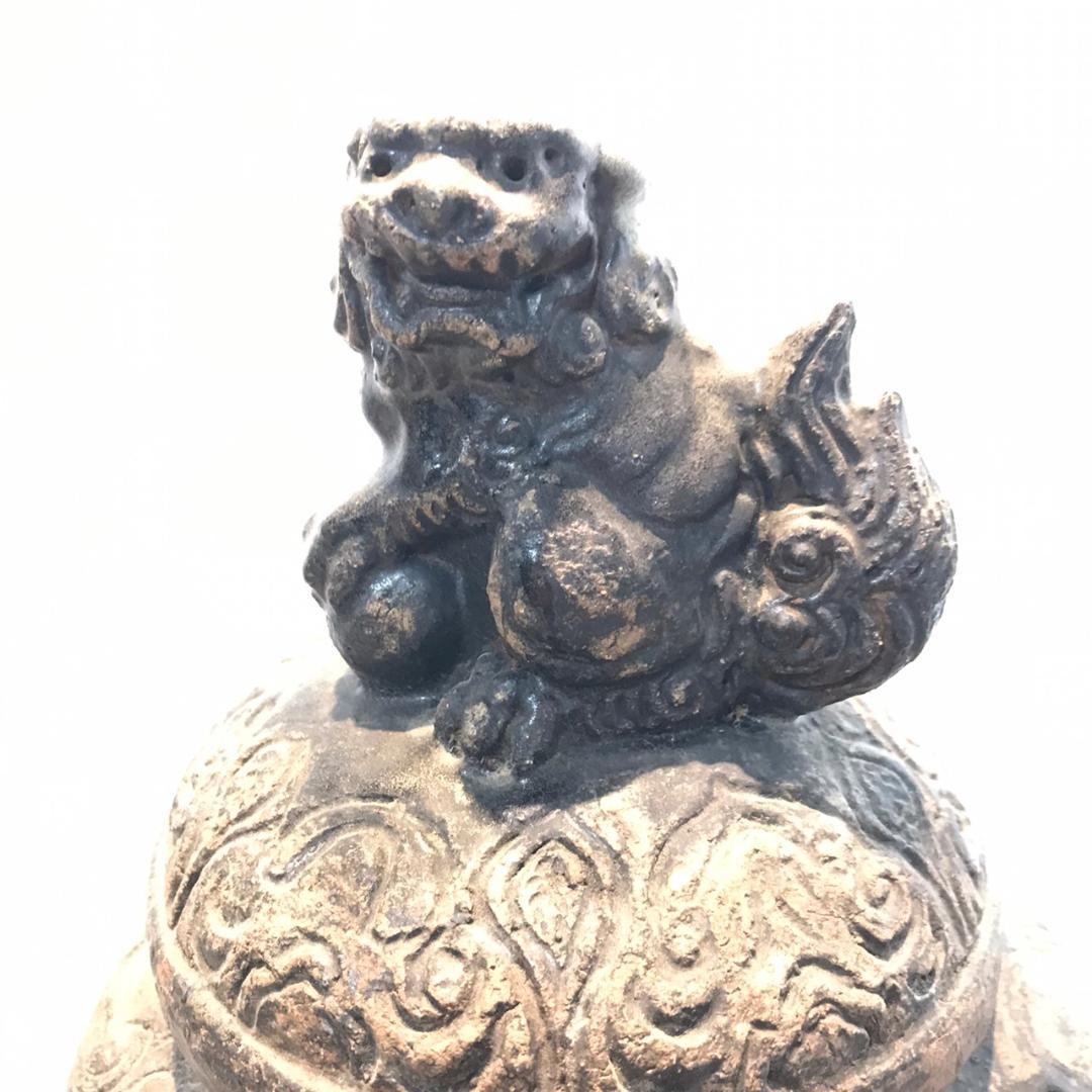 古唐津　獅子蓋三ツ足香炉　共箱