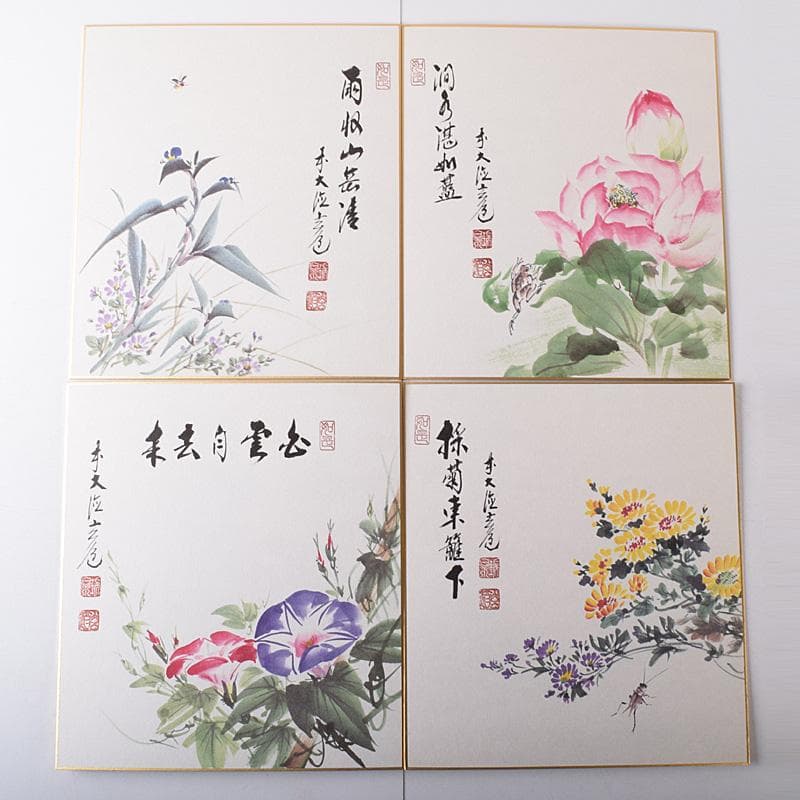 色紙絵　前大徳　須賀玄道筆　禅画花鳥図　二十四節気　共箱　N　7772A