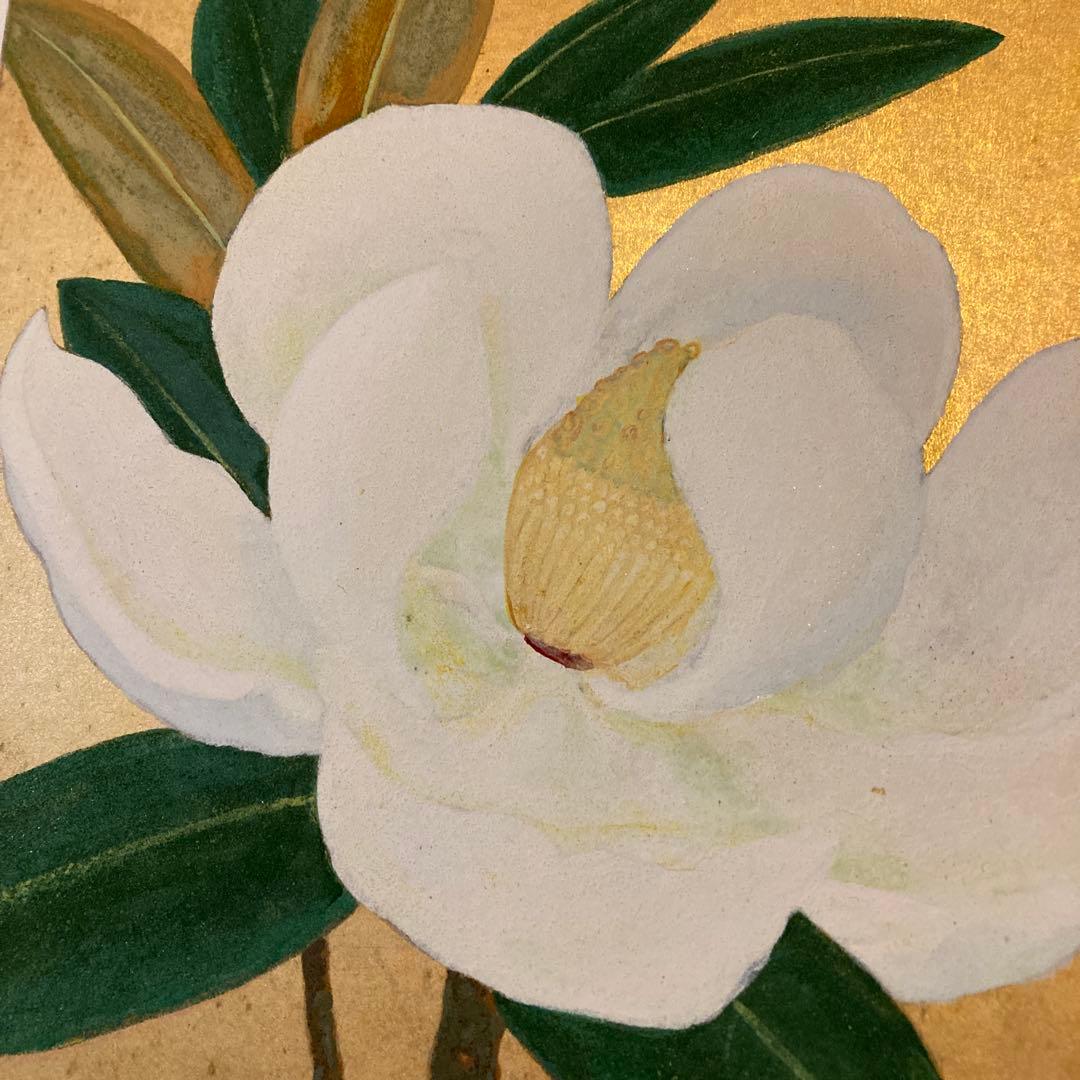 白い花の日本画 金色背景色紙